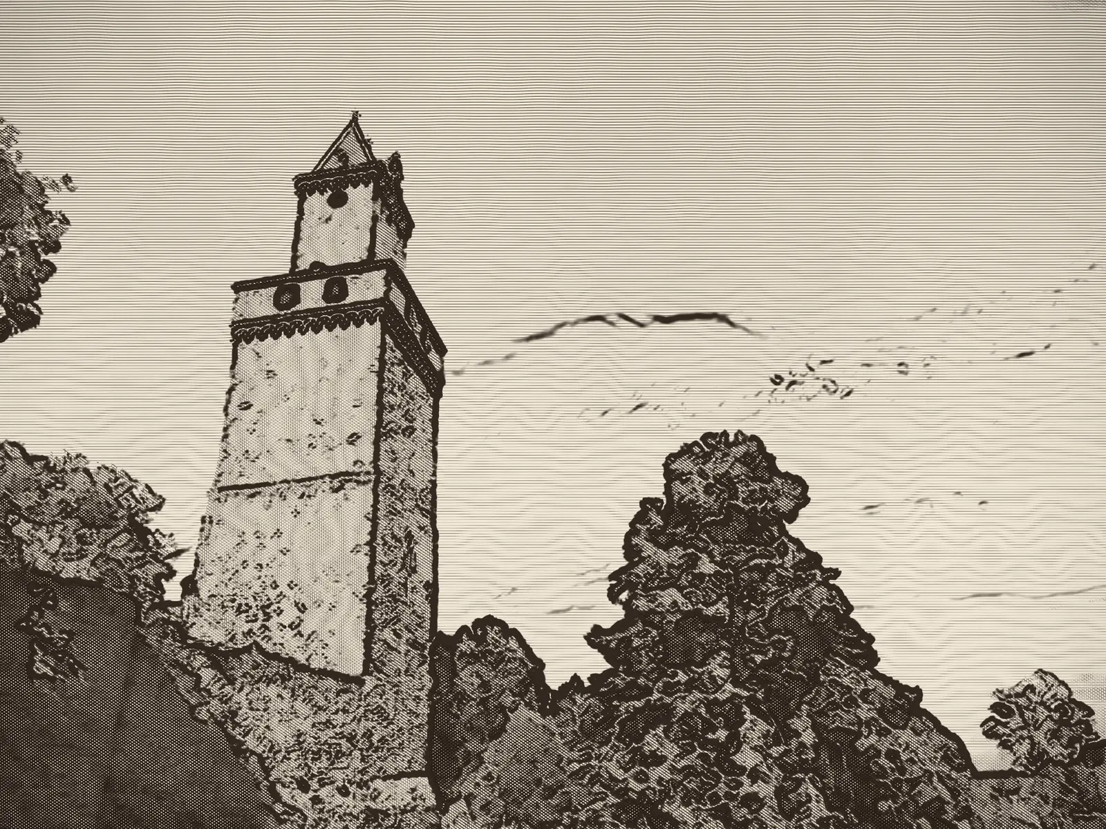 Der Bergfried der Burg Kronberg im Taunus – eine Federzeichnung, die sich in das Foto von heute verwandelt